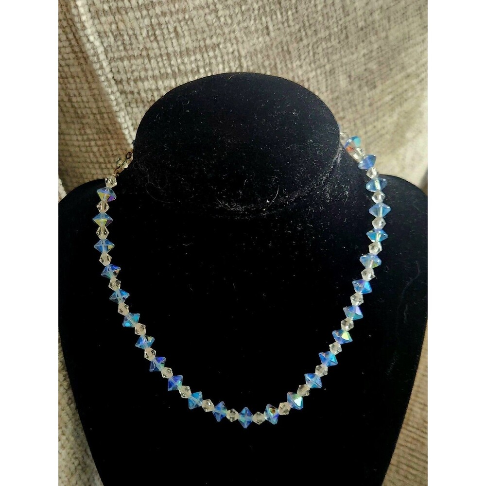 Vintage 1950s Aurora Borealis AB Crystal Bead Choker Necklace Shepherds Hook 14"